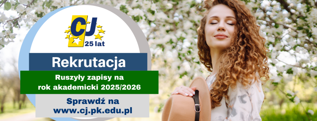 Napis rekrutacja na studia podyplomowe na tle zdjęcia kobiety w wiosennej scenerii